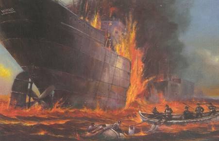 The burning British tanker SS Mirlo.