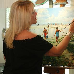 Julia O'Malley-Keyes creates an oil painting on canvas in her Cape Cod Art Gallery