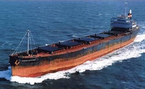 The Marine Electric, a 605-foot cargo ship, as seen underway before its capsizing and sinking on Feb. 12, 1983. The converted WWII-era ship foundered 30 miles off the coast of Virginia and capsized, throwing most of its 34 crew into 37-degree water, where 31 of them drowned or succumbed to hypothermia. (U.S. Coast Guard photo)